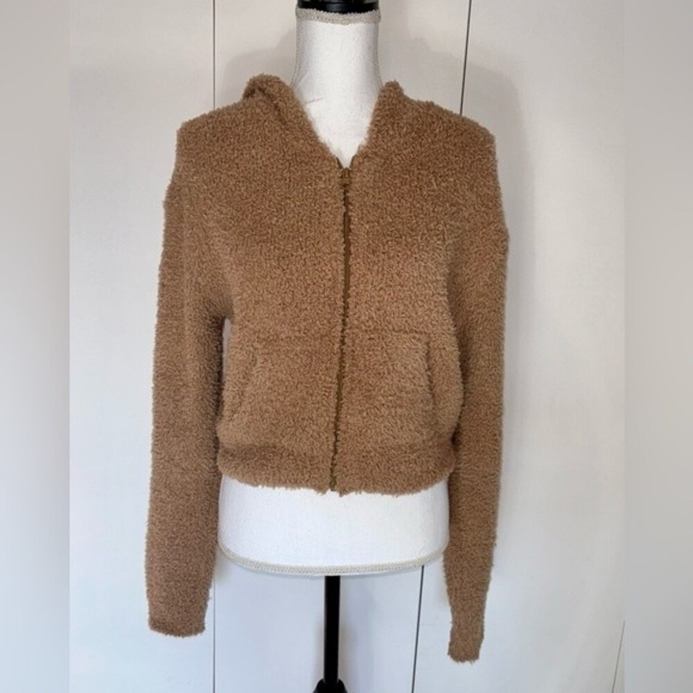 Young Fabulous & Broke Brown Fuzzy Full Zip Hoodie Sweatshirt Small Crop Teddy